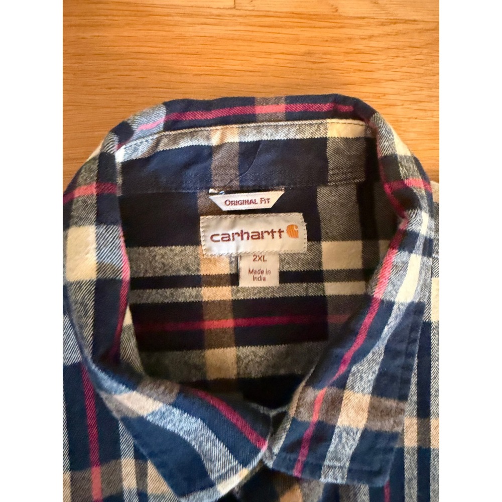 Carhartt Mens Navy Blue Plaid Flannel Long Sleeve Button Down Shirt XL